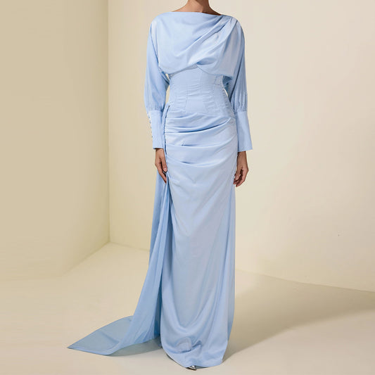 Round-neck Pleated Lantern-sleeve Light-blue Elegant Long Dress