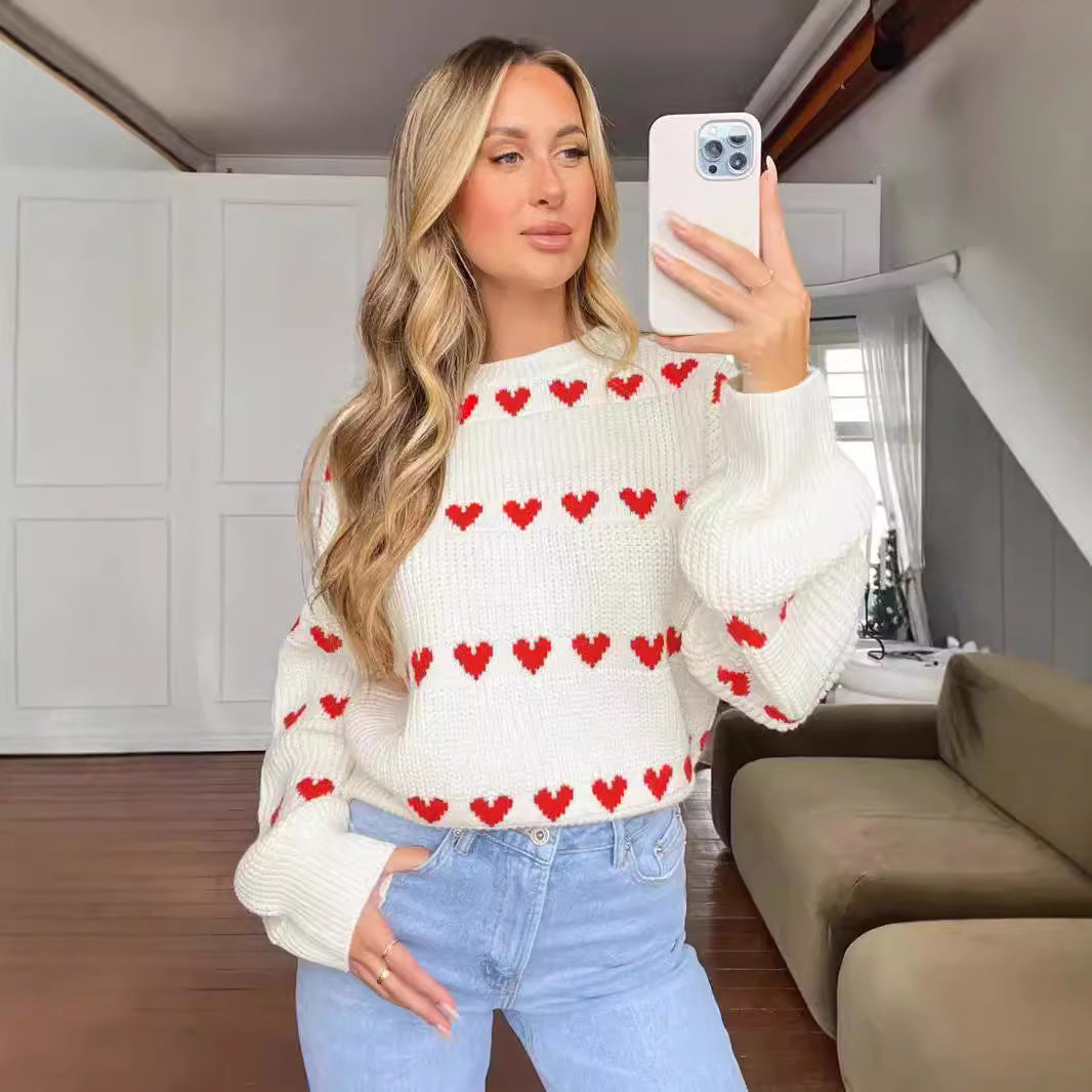 Sweet Cute Love Heart Two-tone Jacquard Contrast Color Round Neck Long Sleeve Sweater