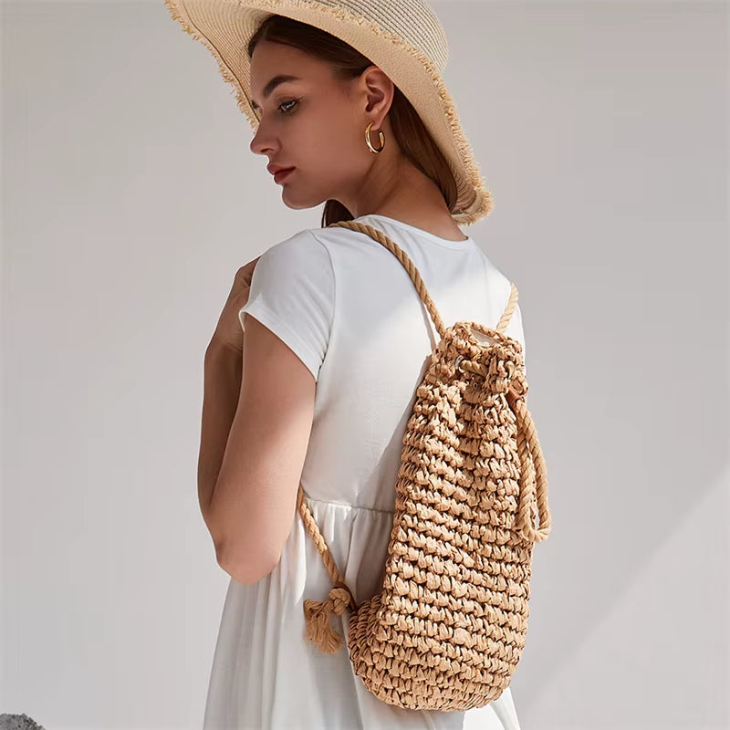 2023 Summer Women's Handmade Straw Backpacks - Casual Drawstring Beach Shoulder Bags in Raffia Rattan Woven Design