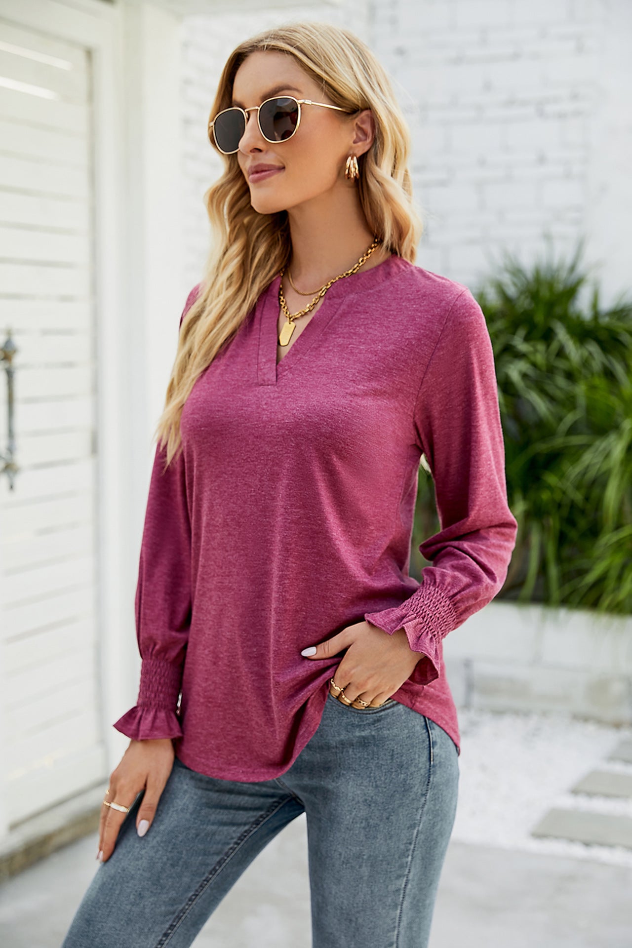 New Women's Casual V-neck Lotus Leaf Sleeve Loose T-shirt