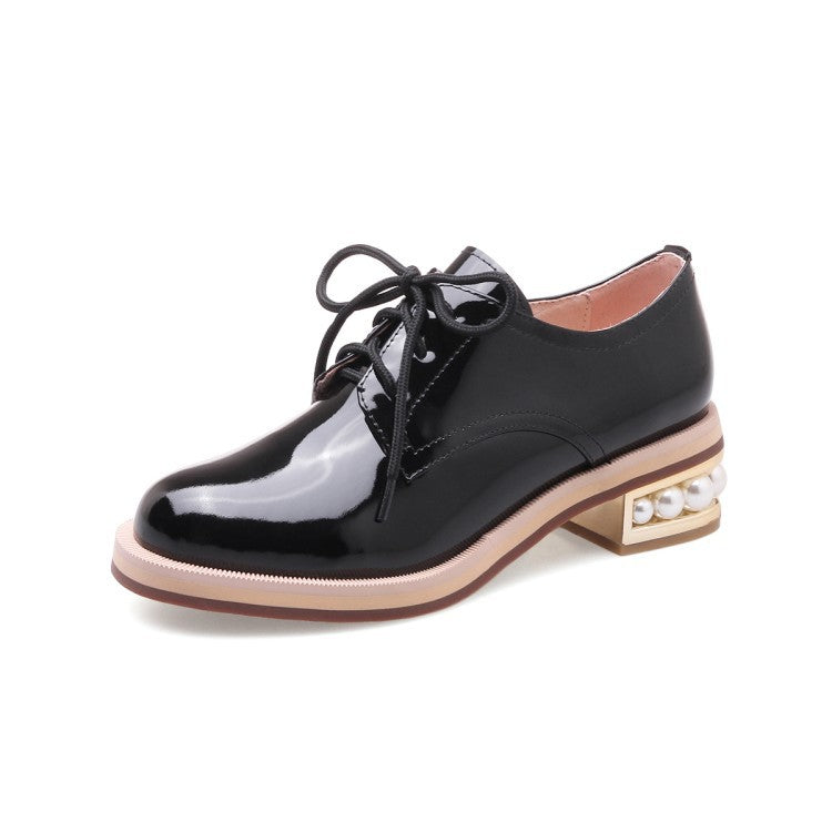 Spring And Autumn Shiny Round Toe Small Leather Shoes Mid-heel Platform