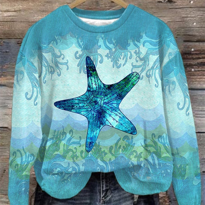 Kvinders Efterårs- og Vintertrends Digitaltrykt Rundhalset Sweater med Slidsede Skuldre og Lange Ærmer