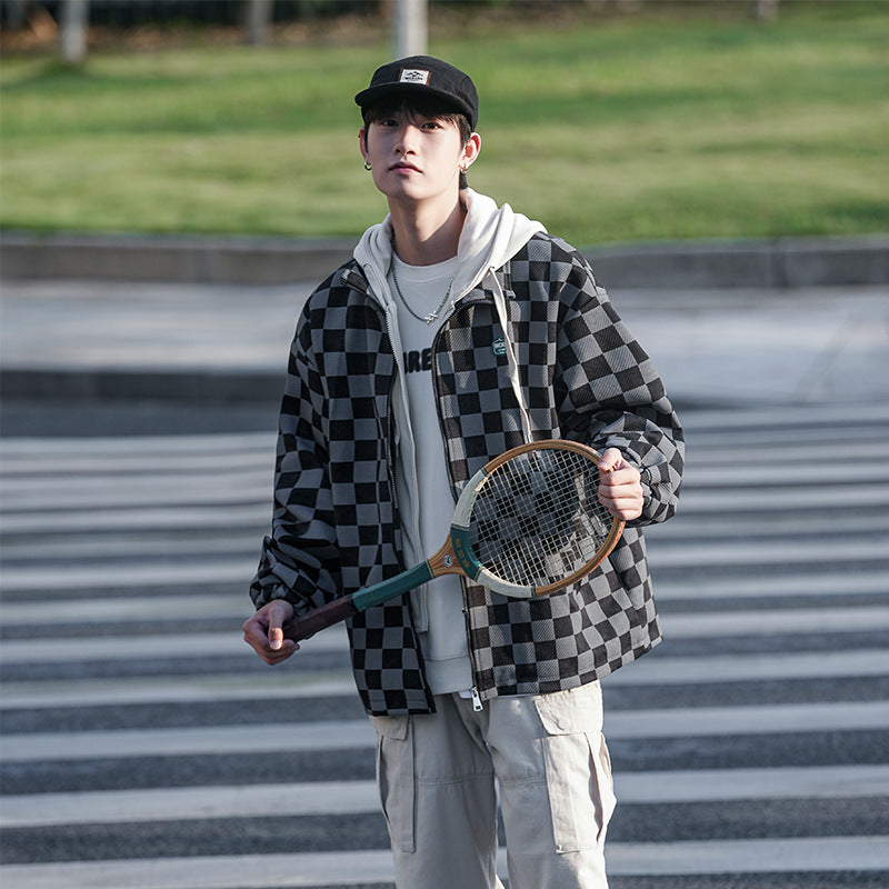 Men's Chessboard Plaid Printed Hooded Loose Casual Jacket