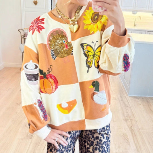 Dame sweatshirt med rund hals med græskar, sommerfugl, buket og andeprint