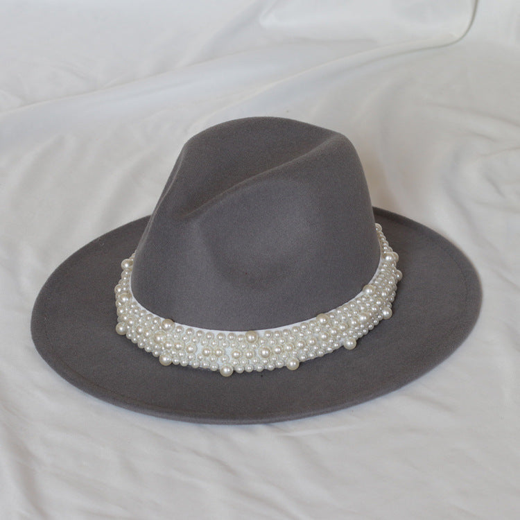 Handmade Pearl Top Hat Big Brim Fur Felt Hat