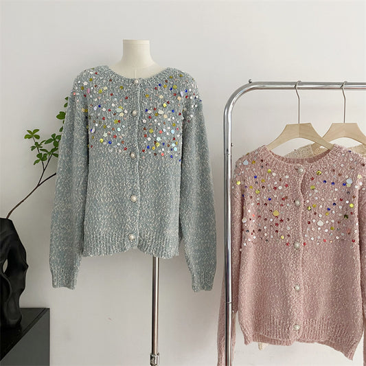 Sweet Design Idle Style Sequined Sweater For Women Spring And Autumn New Knitted Cardigan Outerwear Top
