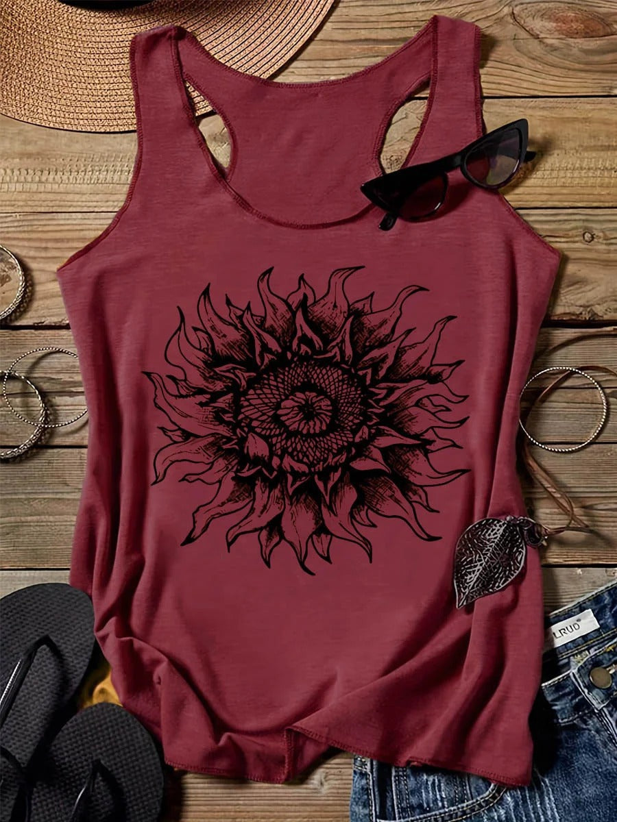 202 Casual Round Neck Narrow Edge Top Loose Sports Pattern Digital Printing Vest Women's Clothing