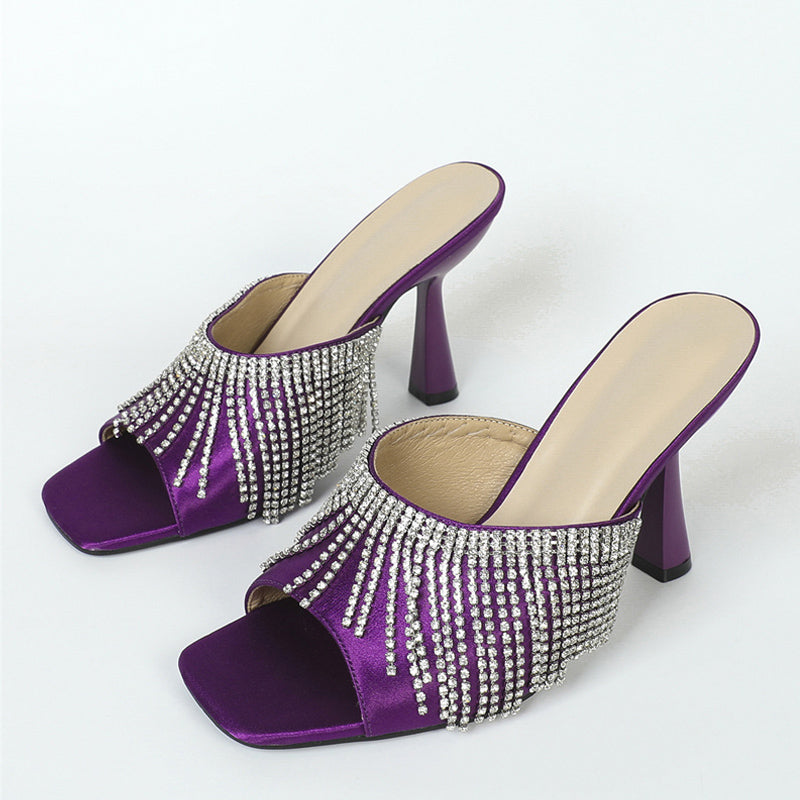 Rhinestone Square Head Satin High Heel Sandals
