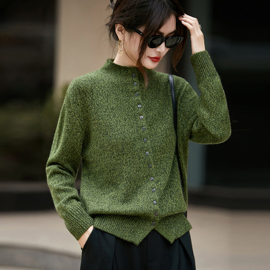 Machine Washable Half Turtleneck Arabesquitic Fabric Knitted Cardigan