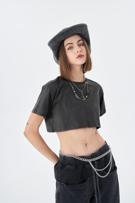 High Waist Cropped T Shirt With Navel Design