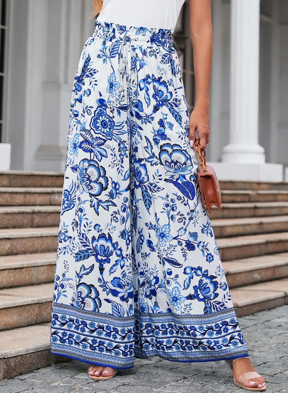 Flowers Printed Wide-leg Trousers Summer Casual Straight Pnats For Women Beach Clothing