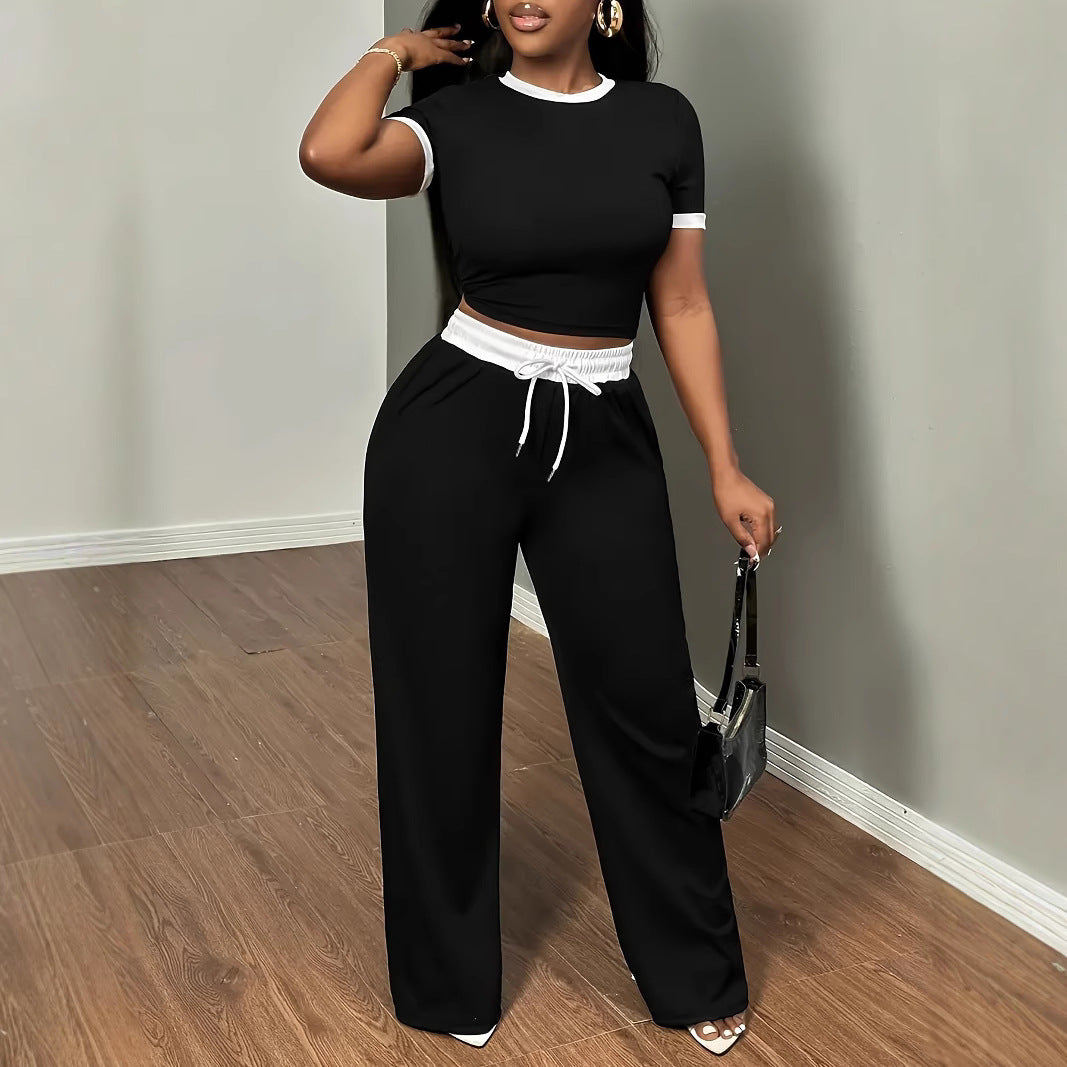 Womens Color-block Slim-fit Short-sleeve Top And Pants Two-piece Set