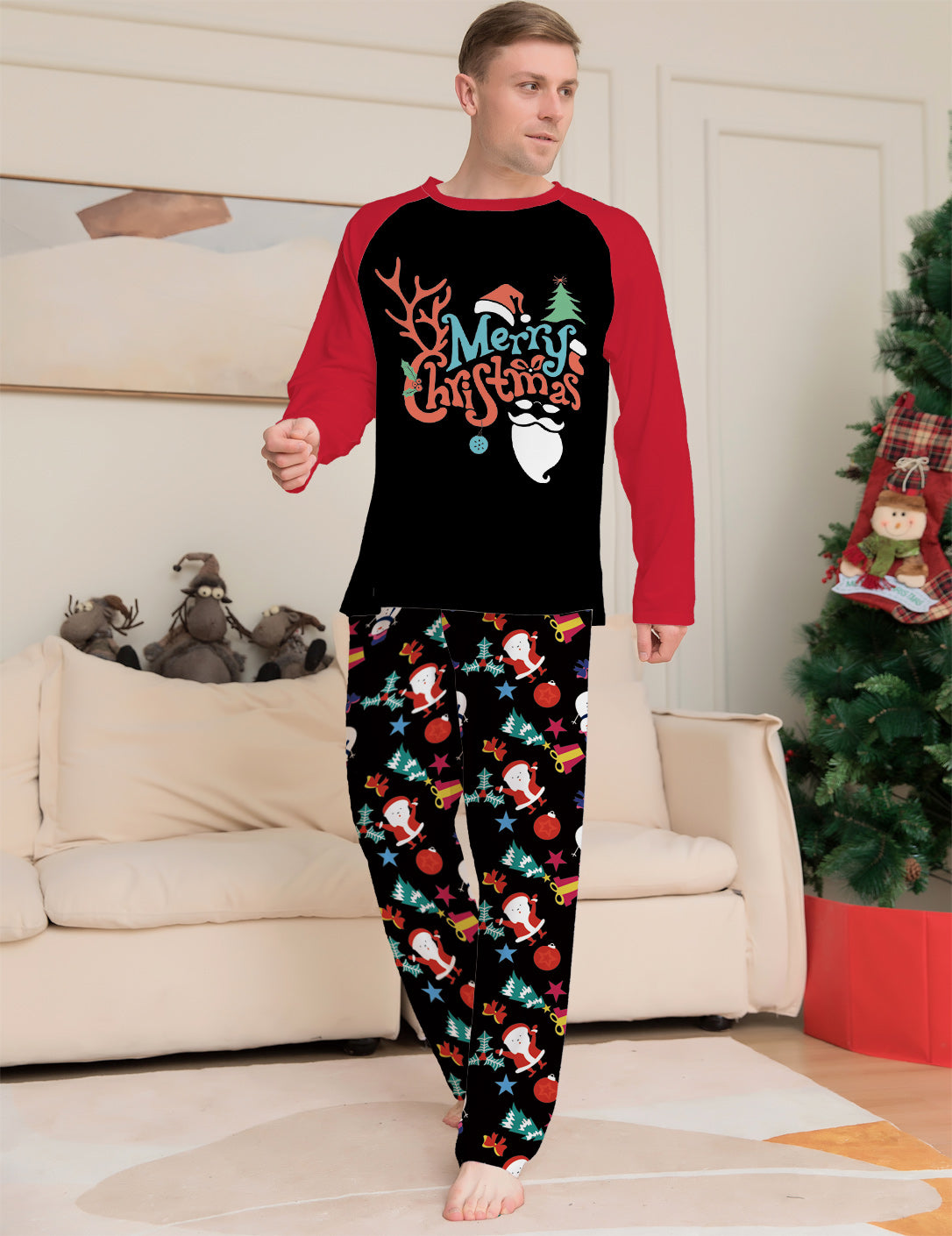 Cartoon Printed Round Neck Long Sleeve Holiday Pajamas Parent-child Suit
