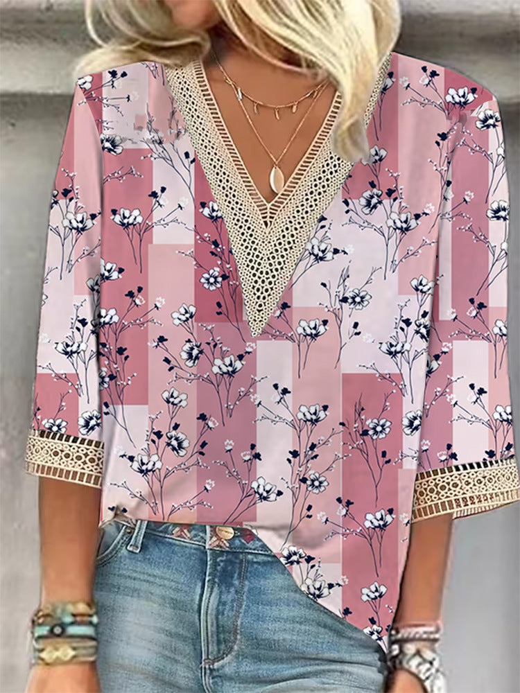 Women's Loose New Multi-color Floral Print Stitching Lace Mid-sleeve V-neck T-shirt