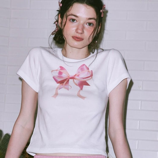 Special-interest Design 23 Summer Hot Girl Bow Round Neck Short Sleeve T-shirt Girl