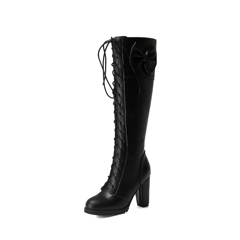 Lolita Bow Lace-up High Leg Boot Single Boots Knight Boots High Heel