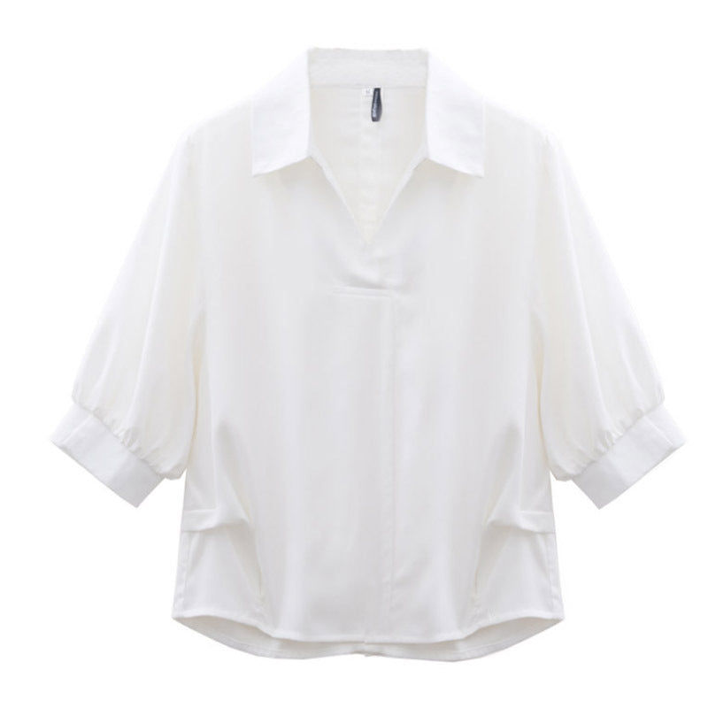 Idle Style Lapel White Shirt Casual V-neck Loose Lantern Sleeve
