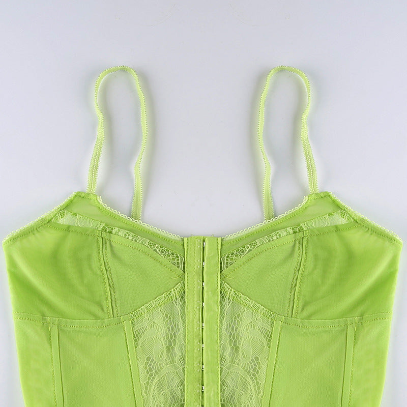 Lace Mesh Vest With Lowcut Vneck Hook Buckle Irregular Bottoming Small Sling
