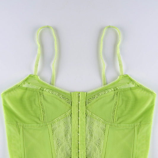Lace Mesh Vest With Lowcut Vneck Hook Buckle Irregular Bottoming Small Sling
