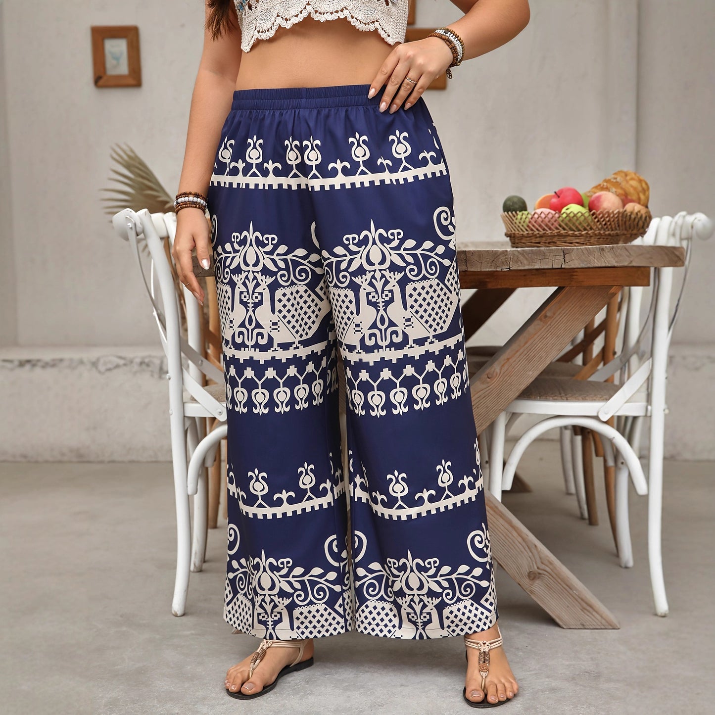 Women's Vacation-Style Loose Wide-Leg Pants With Floral Print