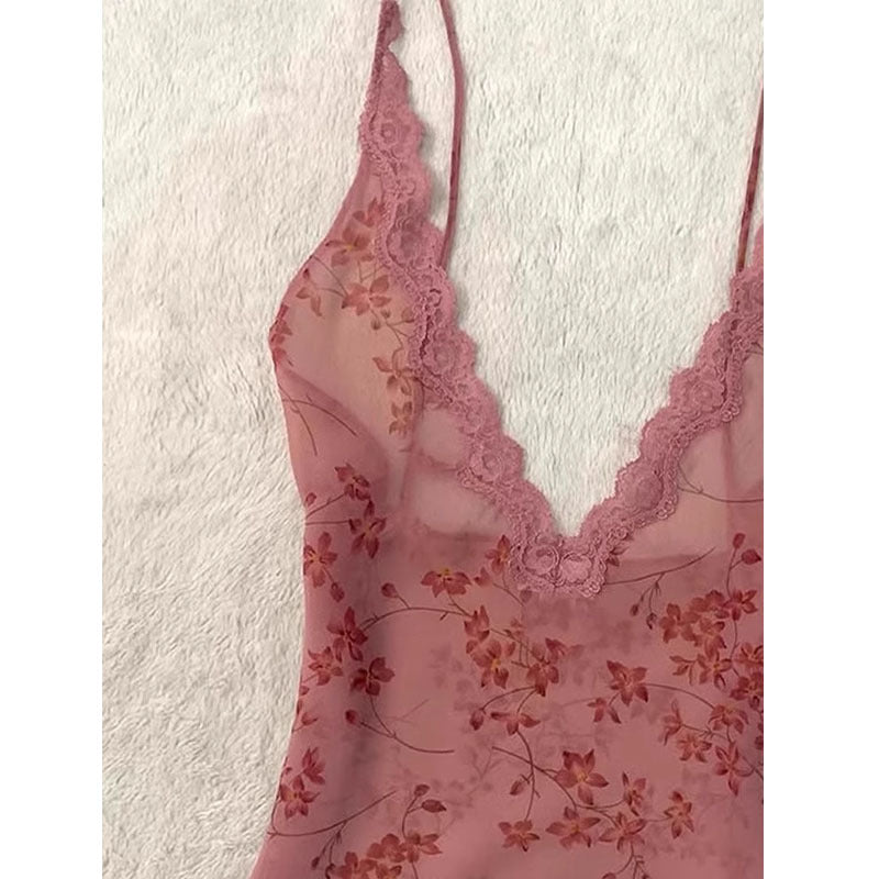 Red Lace Strap Floral Top Women's Vest