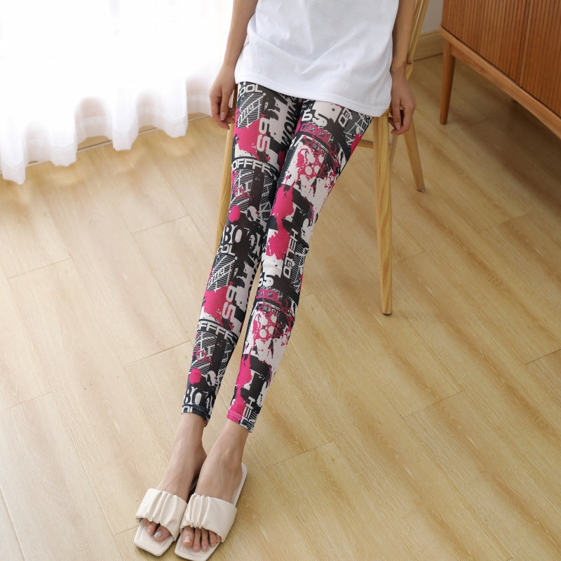 New Sexy Women's Pants Summer Mesh Leggings Elastic Ultra-thin Transparent Skinny Pants Striped Flowers