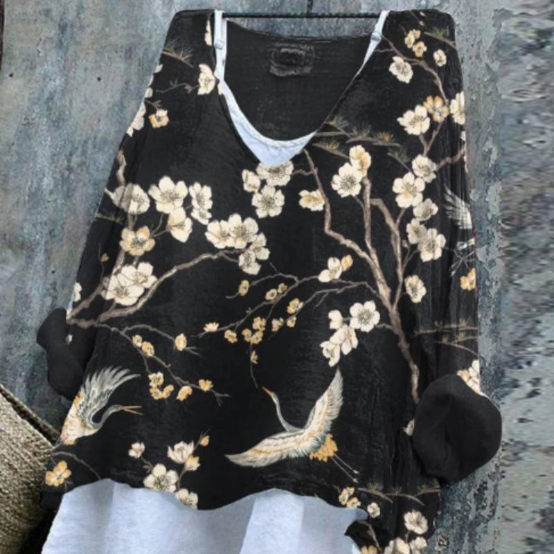 Women's Vintage Japanese Art Crane Floral Print Top