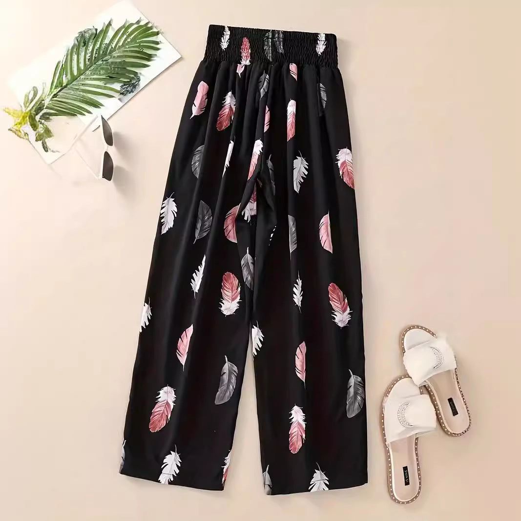 Casual Flower Pants Spring And Summer Thin High Waist Slimming Ice Silk Elastic Floral Straight