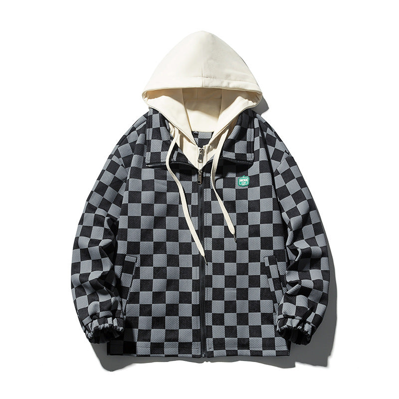 Men's Chessboard Plaid Printed Hooded Loose Casual Jacket
