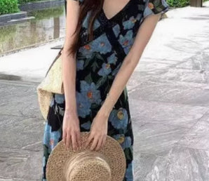 Resort Style V Neck Ruffled Sleeve Patchwork Maxi Dress