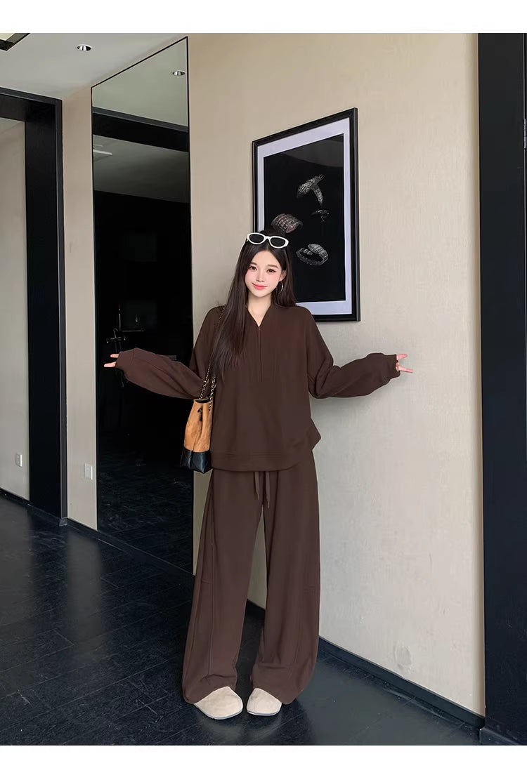 Laid-back Casual Half-Open Collar Sweater And High-Waist Wide-Leg Pants Set