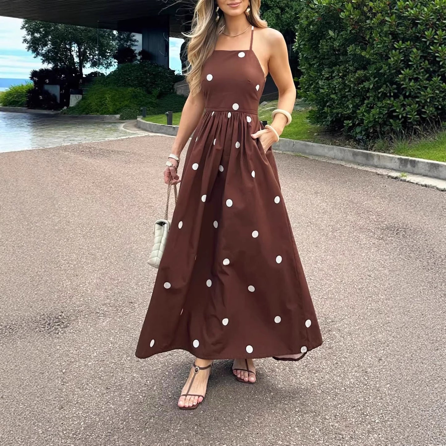 Elegant Polka-Dot Backless Slip Dress With Pockets