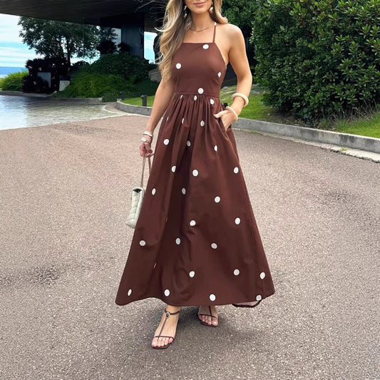 Elegant Polka-Dot Backless Slip Dress With Pockets