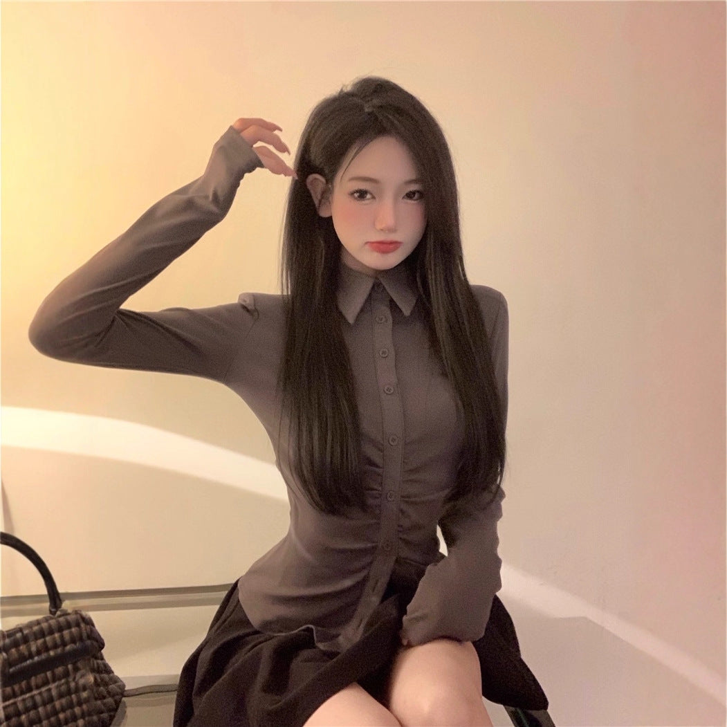 Slimming Two-Piece Set POLO-Neck Shirt And Skirt Combo