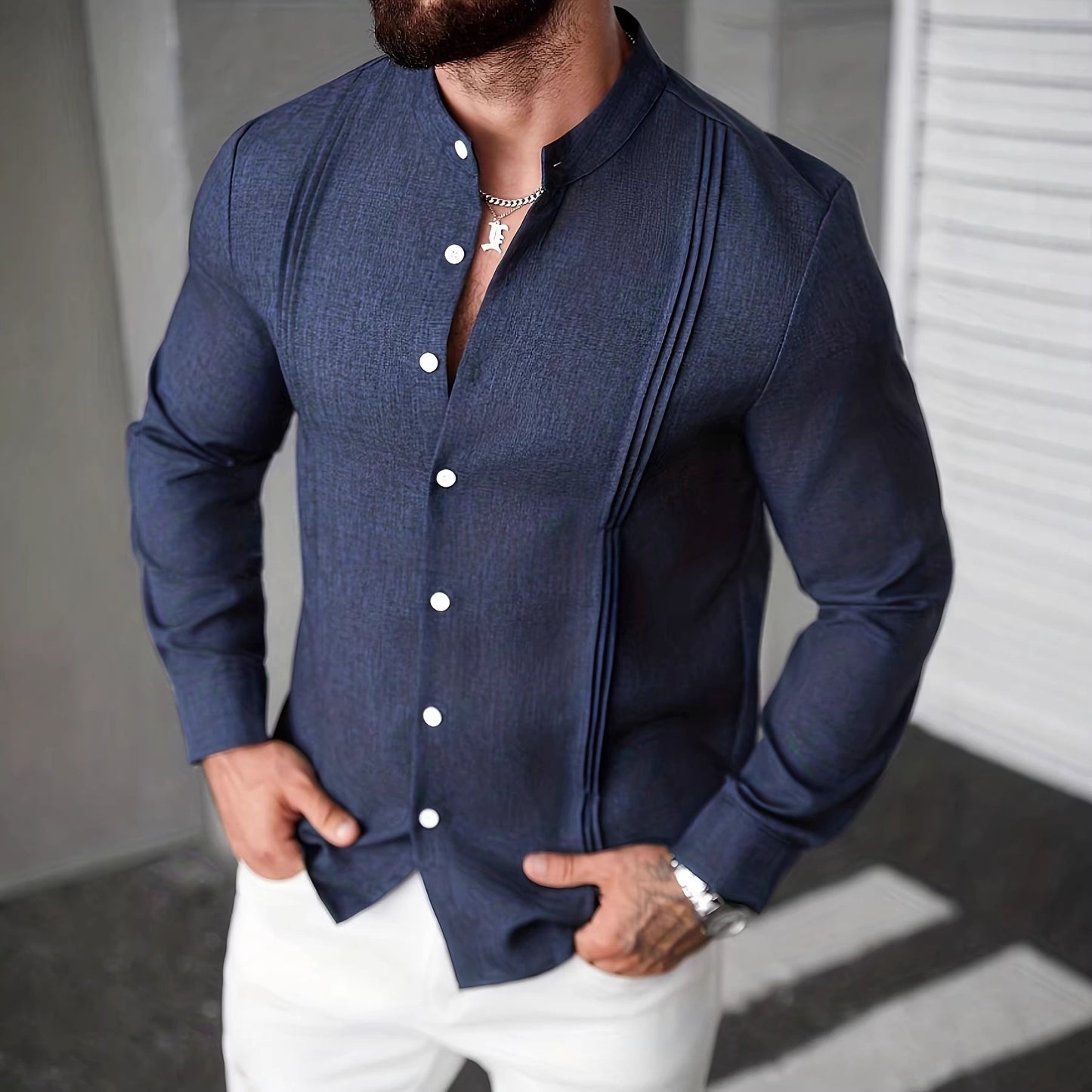 Mens Solid Color Stand Collar Single-Breasted Long-Sleeve Shirt