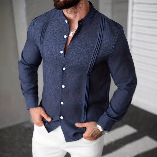 Mens Solid Color Stand Collar Single-Breasted Long-Sleeve Shirt