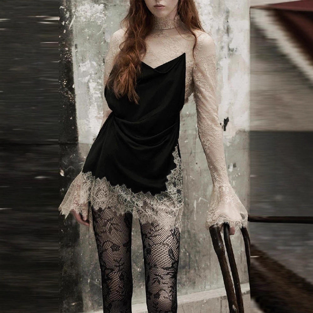 Sexy Long-Sleeve Lace-Patchwork Satin Mini Dress