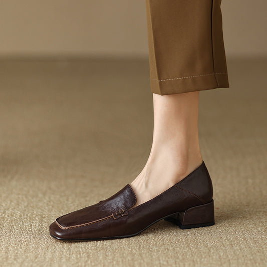 Loafers Women's Shoes Chunky Heel Low Top Square Toe Pumps