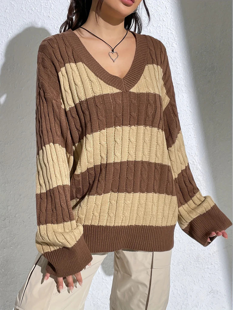 Contrast Color V-neck Loose-fitting Long Sleeve Sweater Women