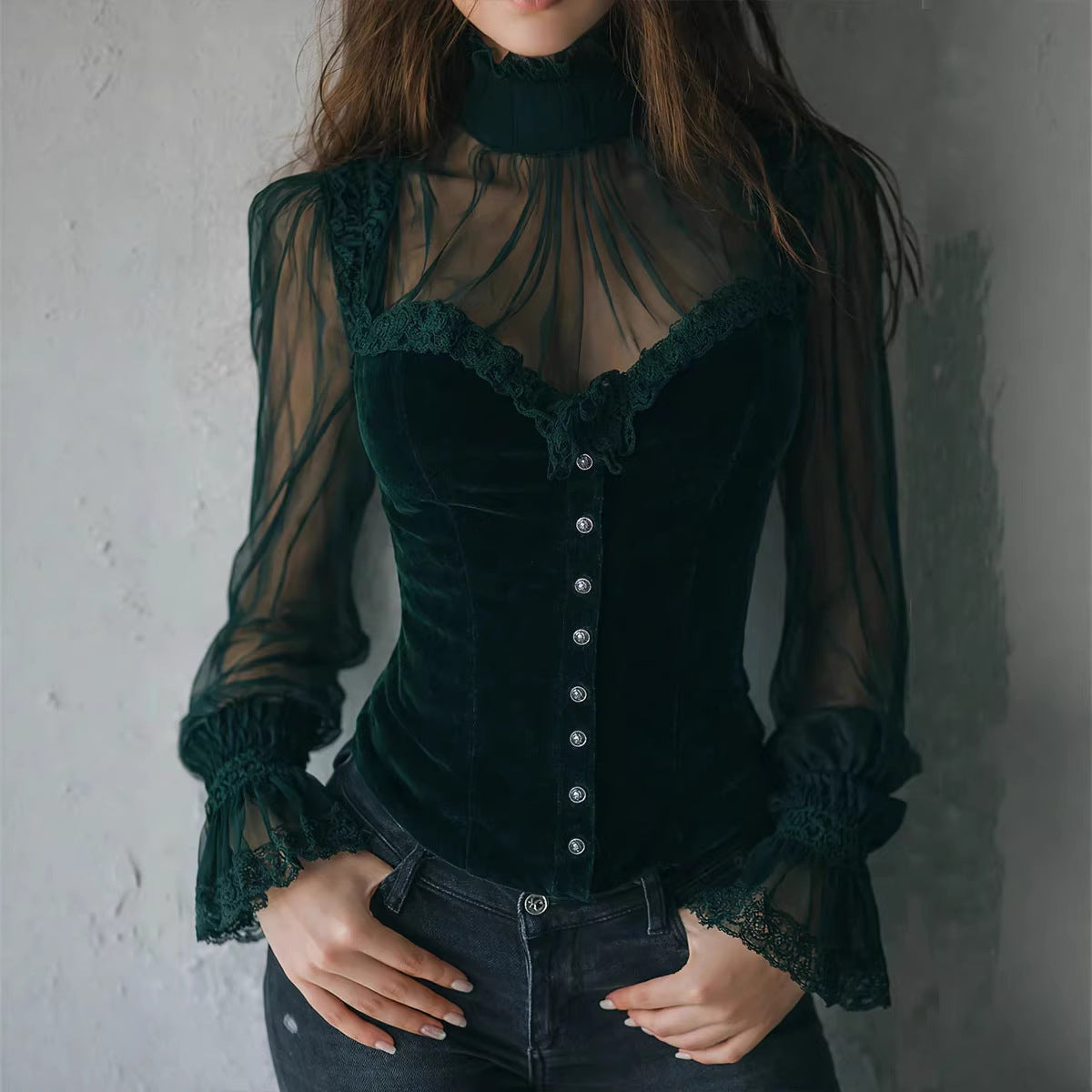 Mesh-panel Black Lace Top With Hollow-out Floral Trim