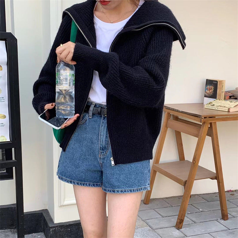 Korean Style Idle Style Large Lapel Knitted Cardigan Zipper Coat