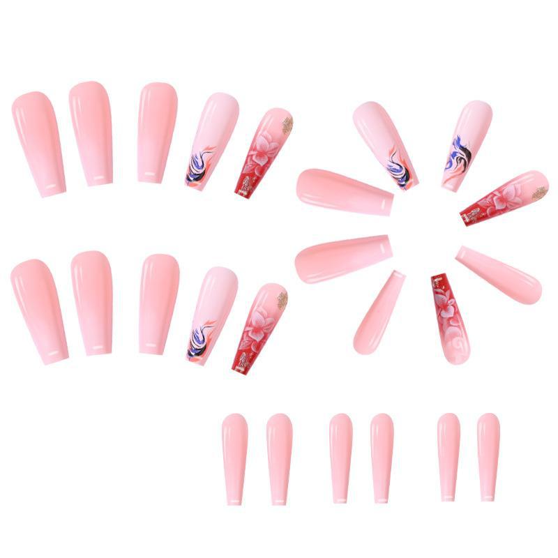 Ultra-long Light White Glitter Camellia Trapezoidal Coffin Nail