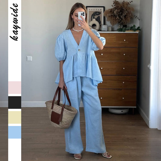 Womens Vacation Short-Sleeve T-Shirt And Straight-Leg Pants Set