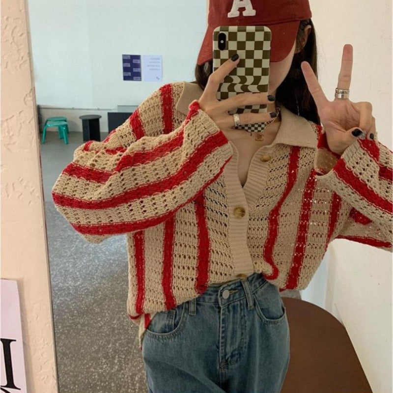 Contrast Color Loose And Lazy Style Slimming Sweater Coat Cardigan