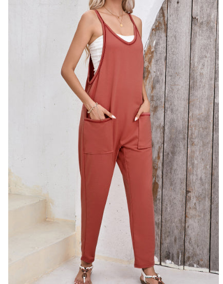Black Side Pockets Harem Pants Sleeveless V Neck Jumpsuit