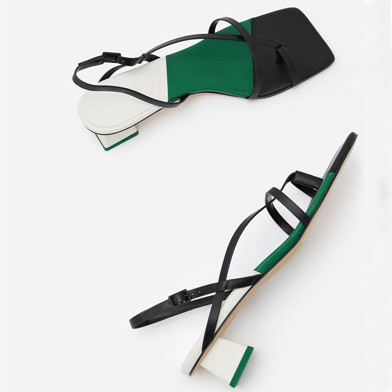 Summer Flip Flops With Color Matching Thick And Thin High-heel Square Toe Sandals Women