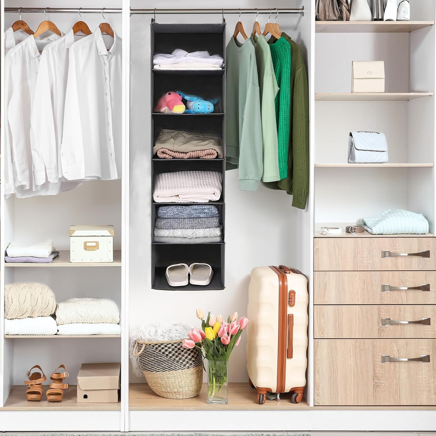 6 Tier Shelf Hanging Closet Organizer, Closet Hanging Shelf with 2 Sturdy Hooks for Storage, Foldable (Grey)