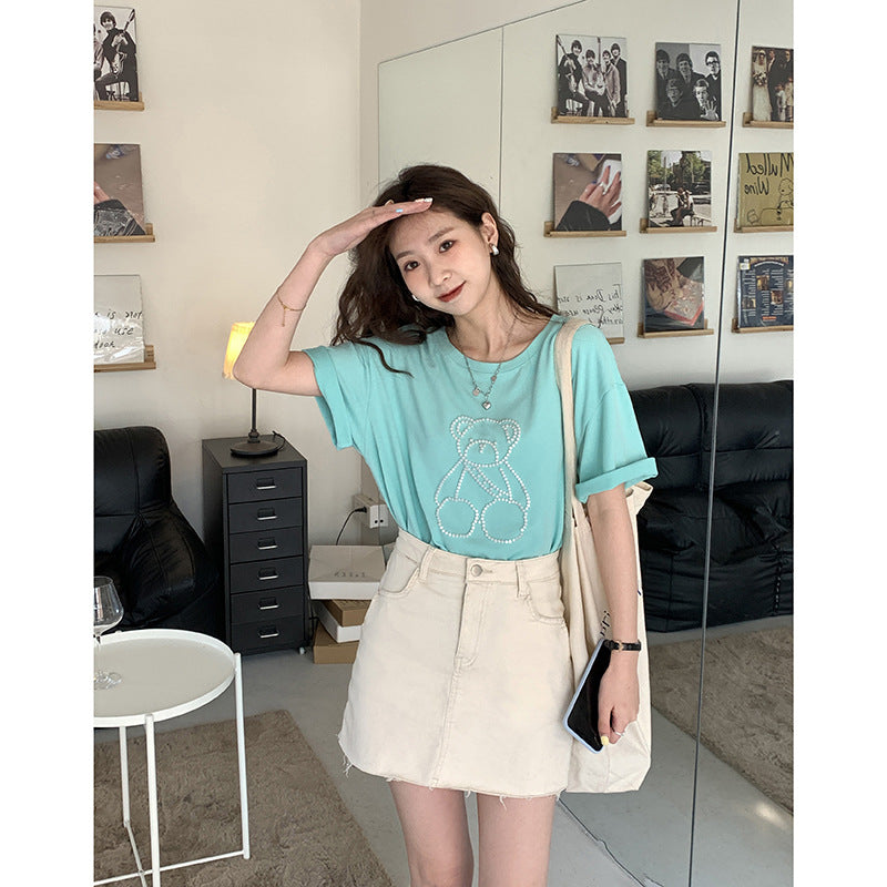 Women's Round Neck Loose Beaded Bear T-shirt