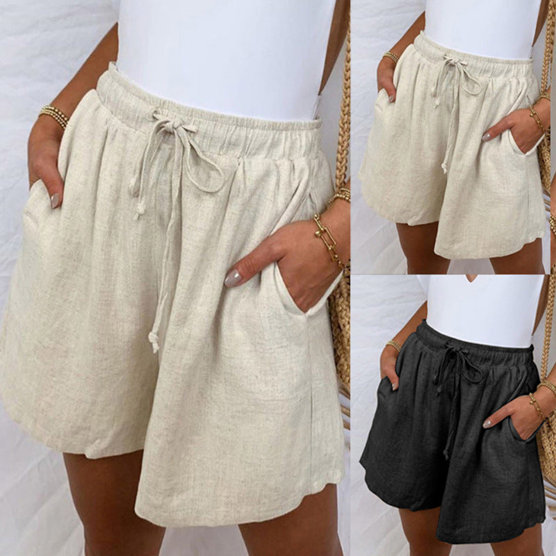 Cotton And Linen Solid Color Loose Casual Pocket Elastic Waist Lace-Up Shorts