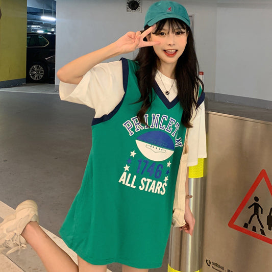 Fake Two-piece Baseball Uniform College Style Temperament Ins Trendy Top